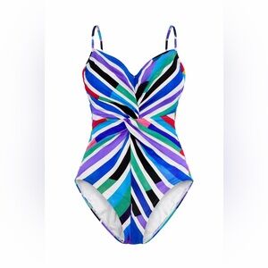 Gottex Colorful V-Neck Twisted Front Tank One-Piece Swimsuit Stripe Size 8